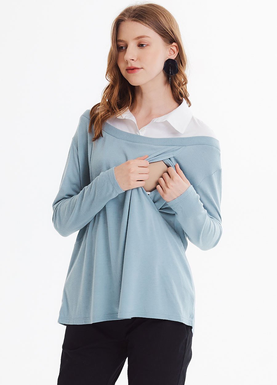 翻領拼接孕哺上衣