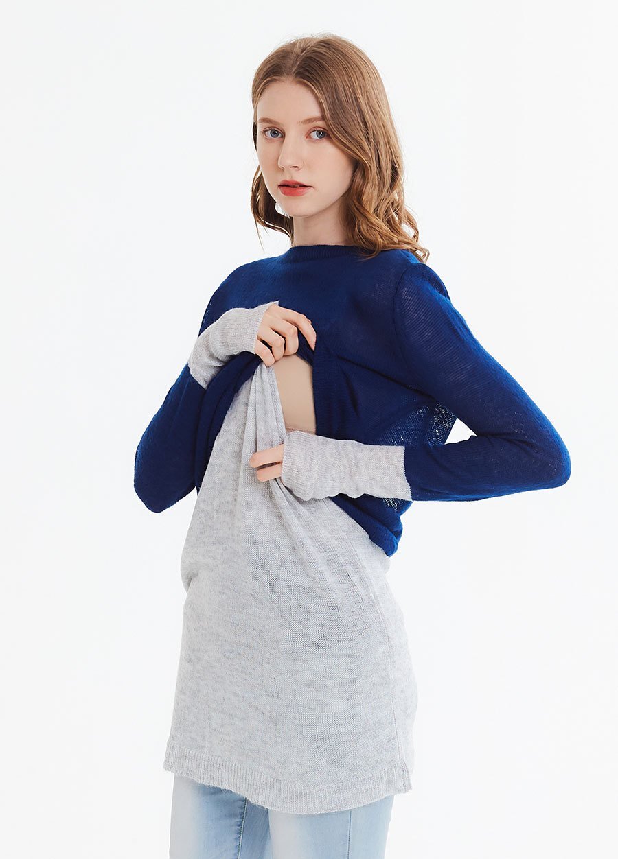 撞色雙層孕哺針織衫