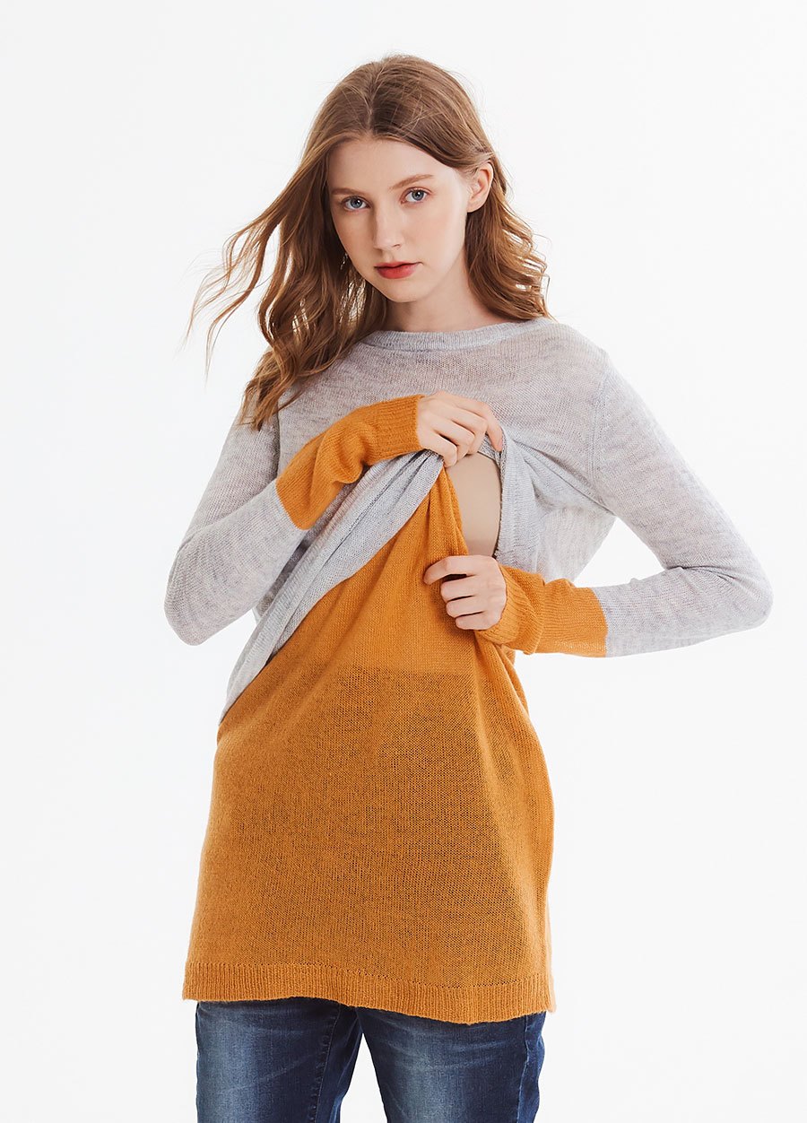 撞色雙層孕哺針織衫