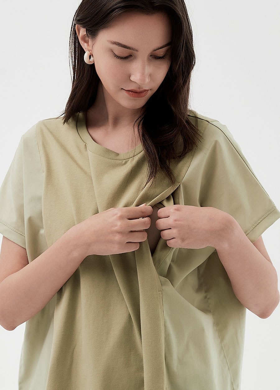 異材質拼接開衩孕哺上衣