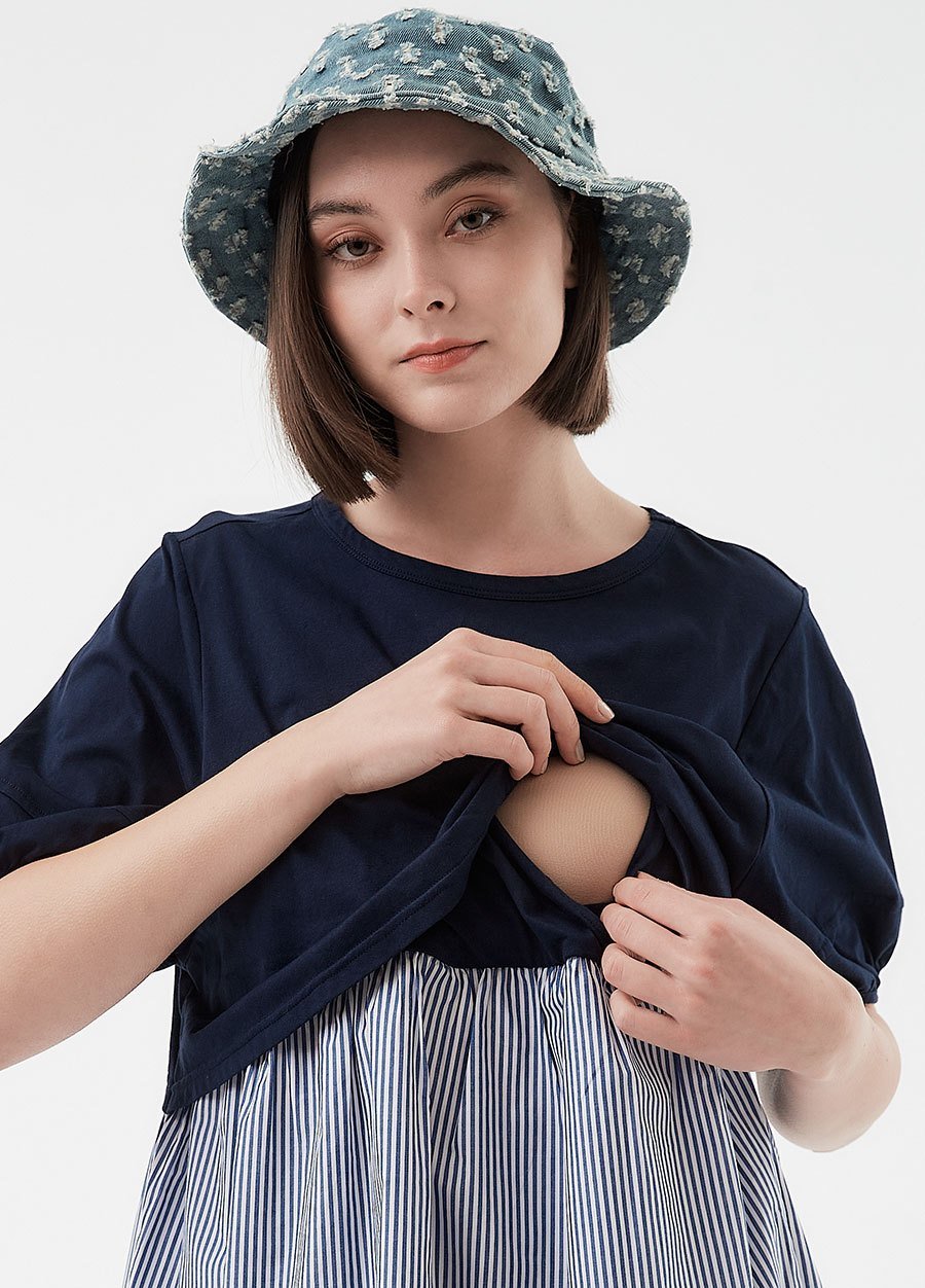 異材質拼接傘襬孕哺上衣