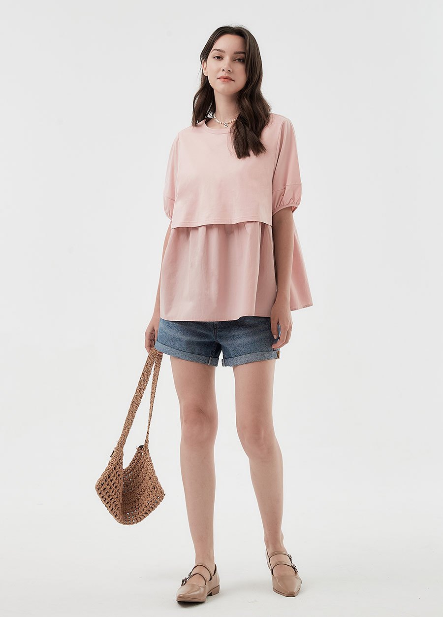 異材質拼接傘襬孕哺上衣