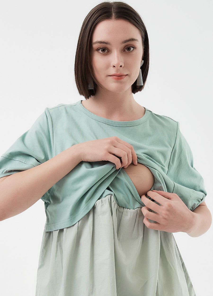 異材質拼接傘襬孕哺上衣