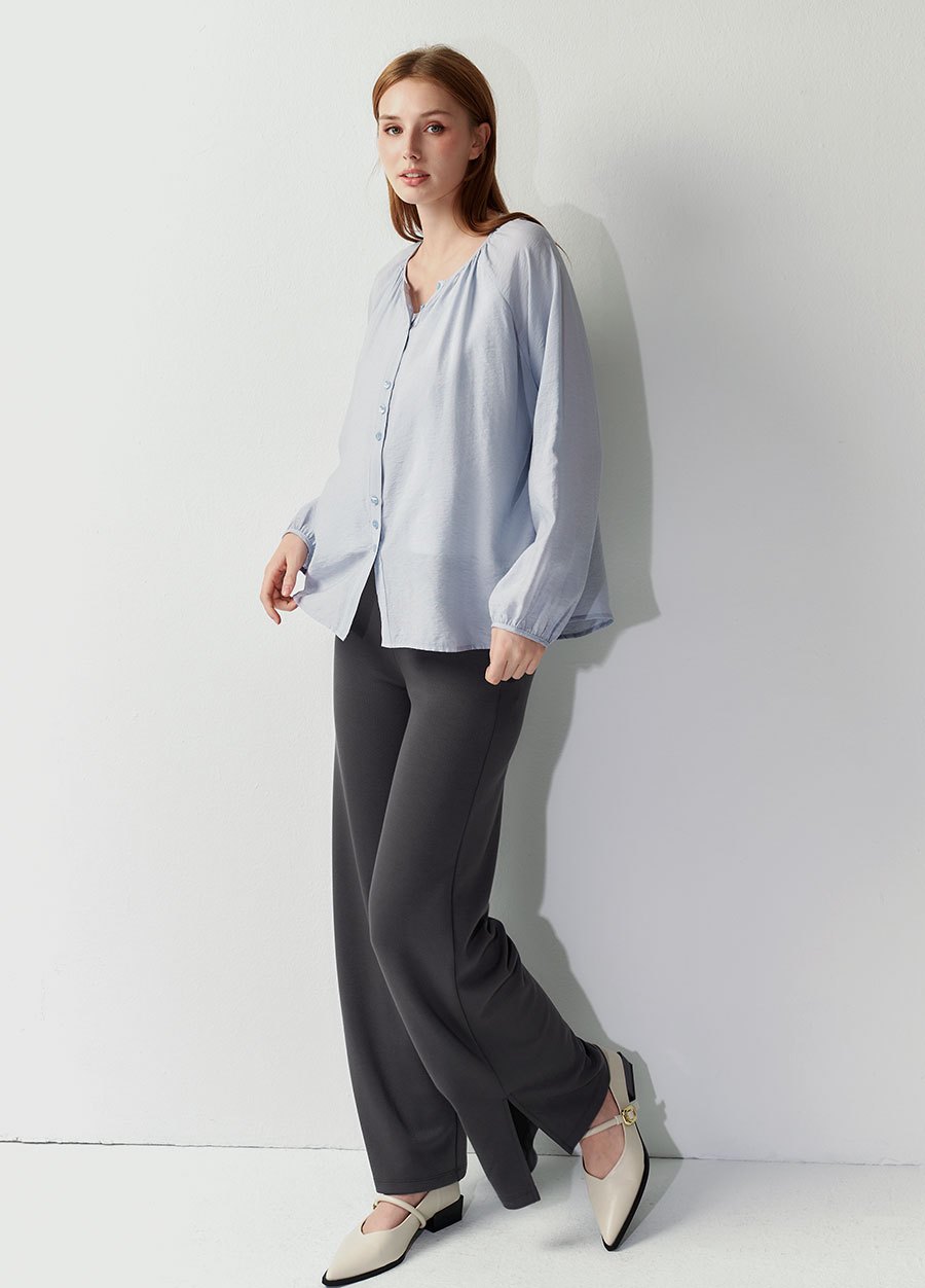 簡約圓領縮褶廓型孕哺襯衫