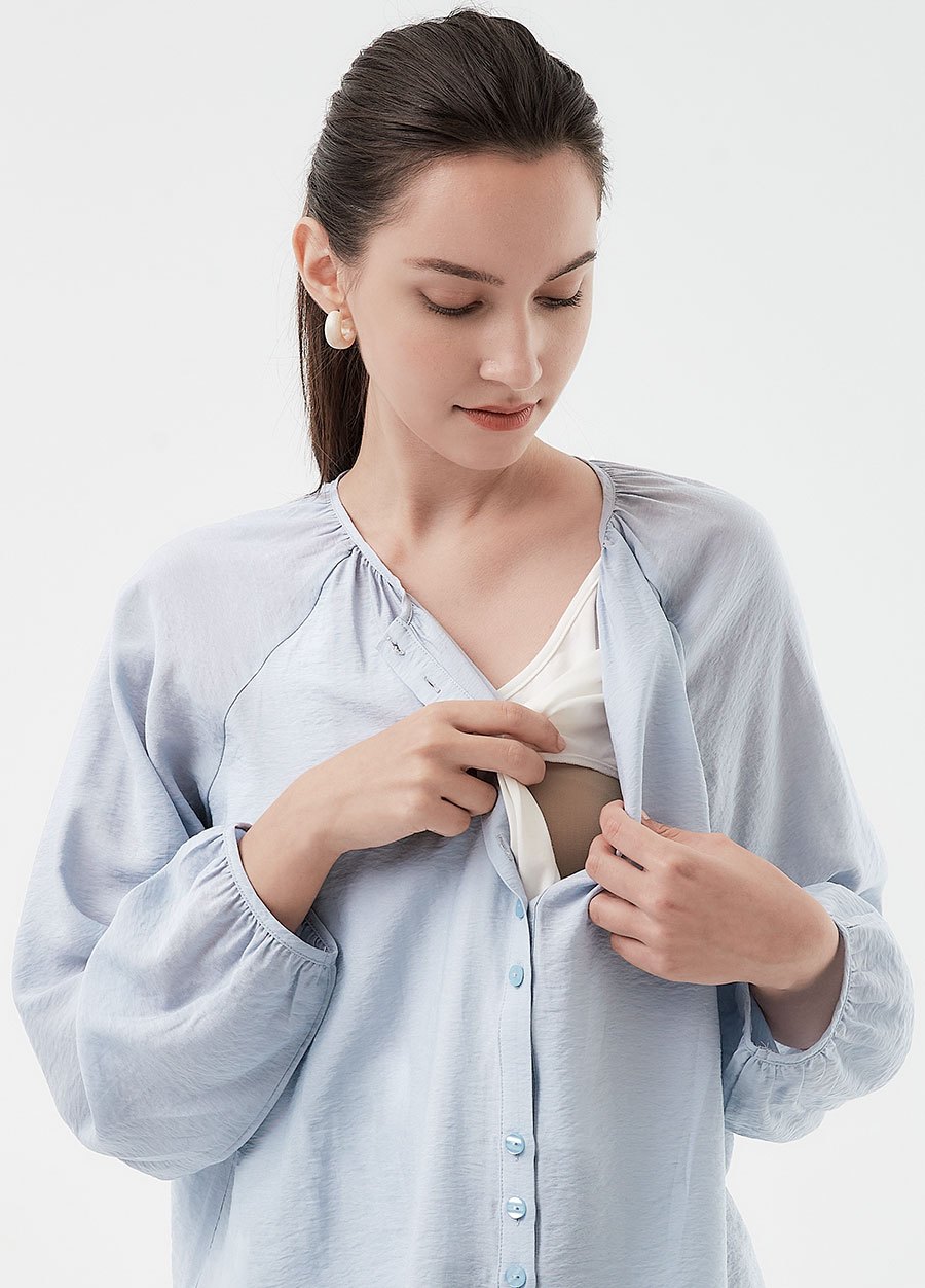 簡約圓領縮褶廓型孕哺襯衫