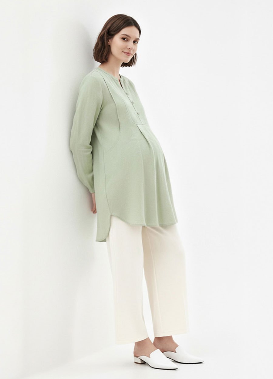 立領弧形剪接長版孕哺上衣