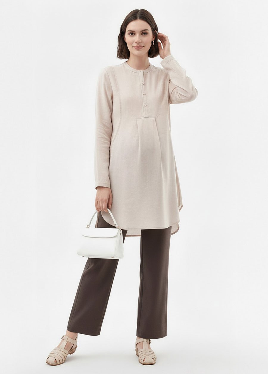 立領弧形剪接長版孕哺上衣