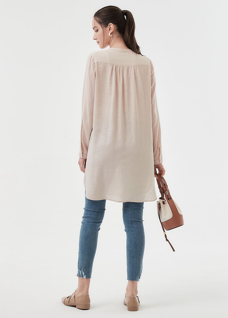 立領弧形剪接長版孕哺上衣