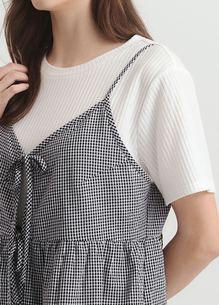 假兩件細肩帶綁帶孕哺上衣