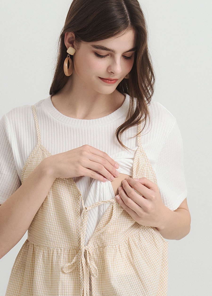 假兩件細肩帶綁帶孕哺上衣