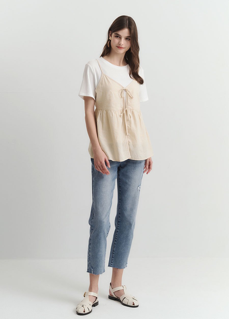 假兩件細肩帶綁帶孕哺上衣