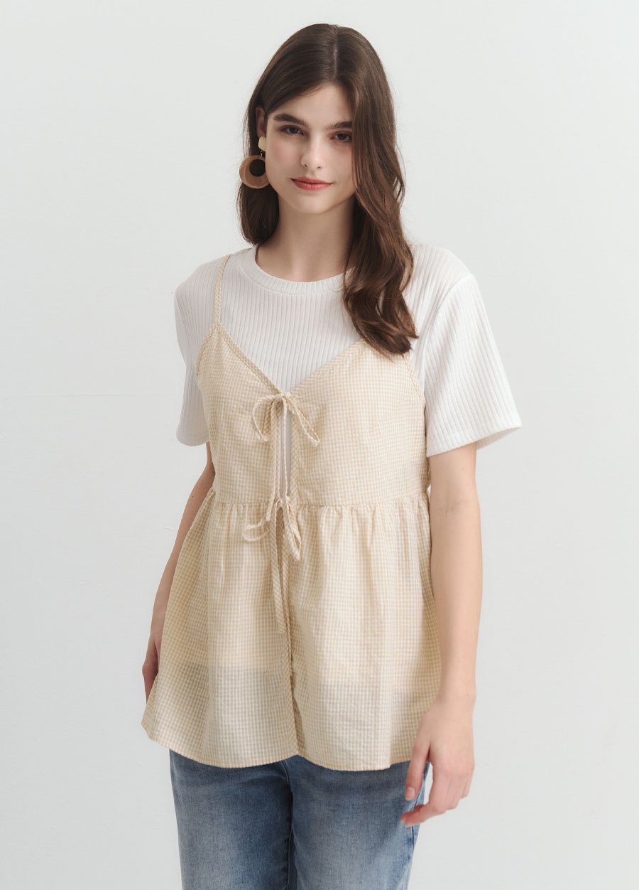 假兩件細肩帶綁帶孕哺上衣