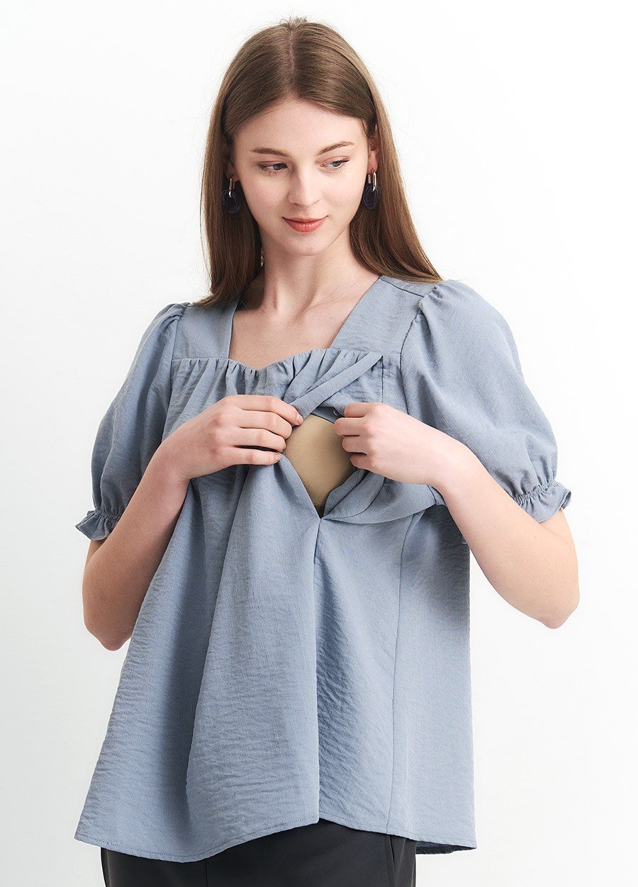 優雅方領蓬袖孕哺上衣