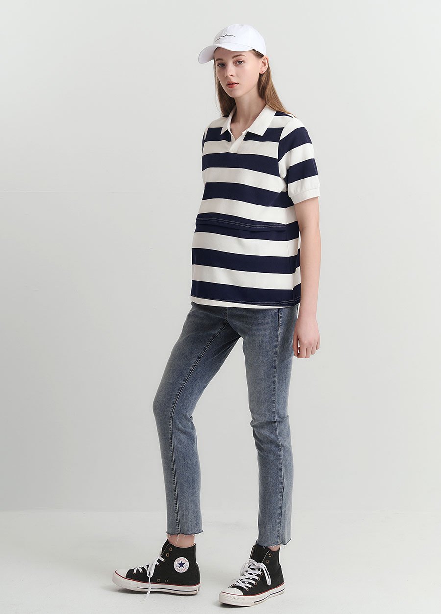 V領翻領橫紋孕哺上衣