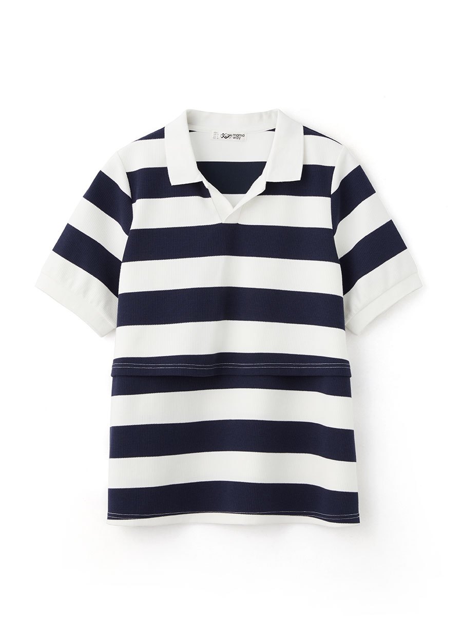 V領翻領橫紋孕哺上衣