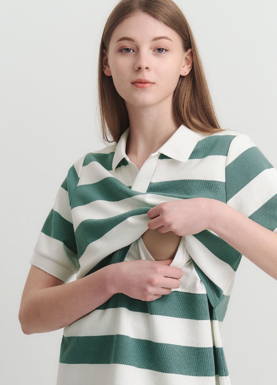 V領翻領橫紋孕哺上衣