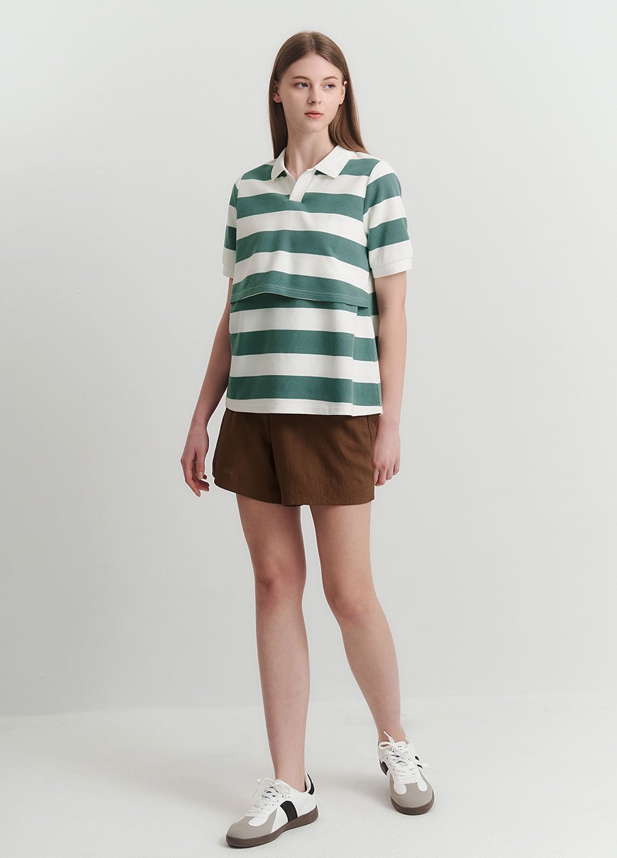 V領翻領橫紋孕哺上衣