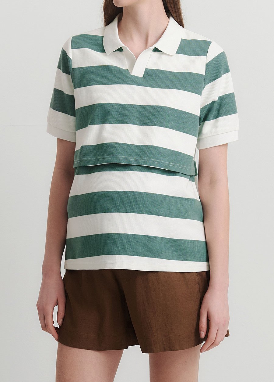 V領翻領橫紋孕哺上衣