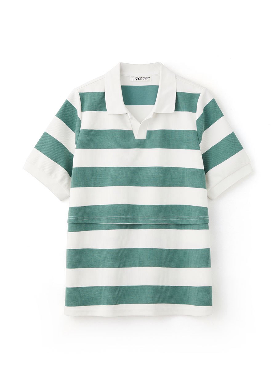 V領翻領橫紋孕哺上衣