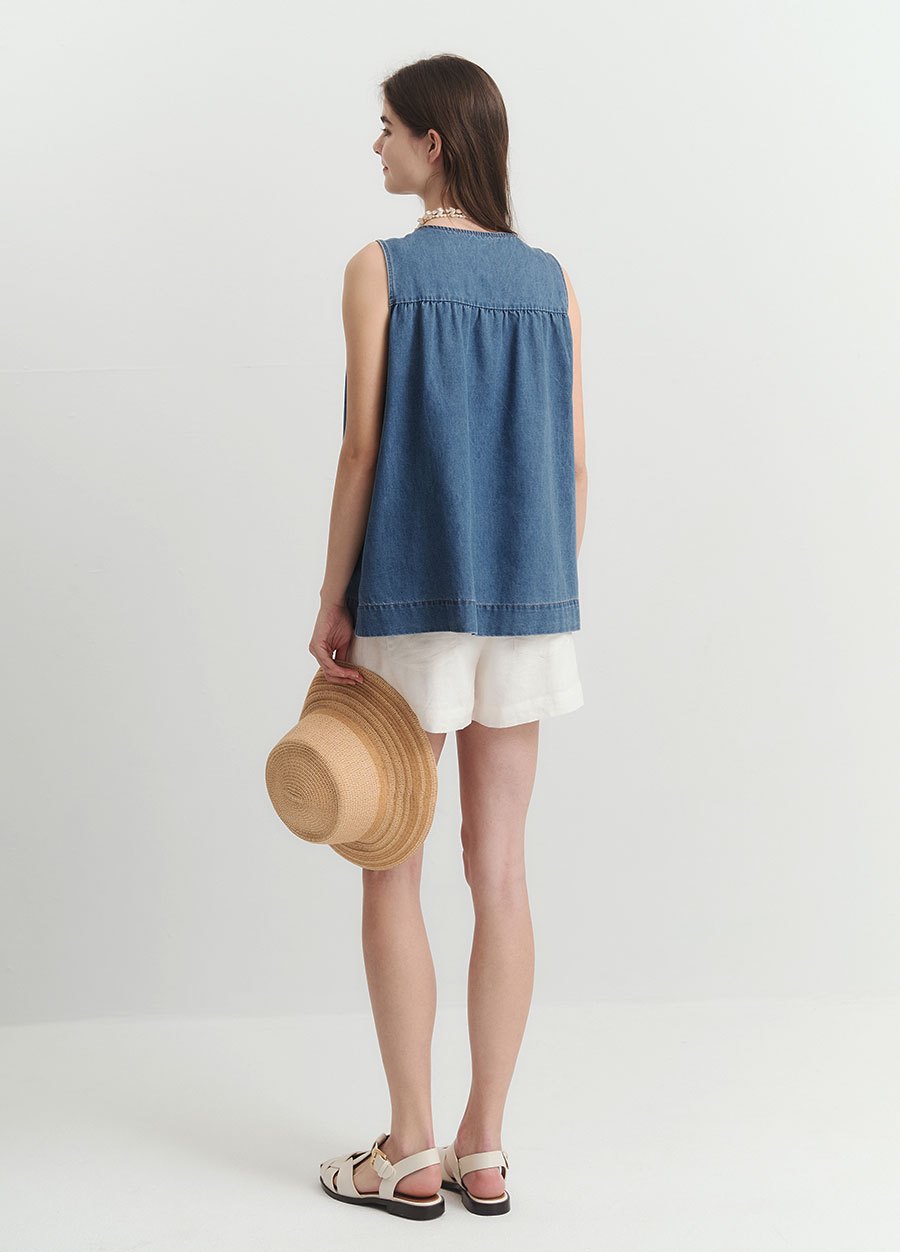 水洗牛仔無袖抽縐孕哺上衣