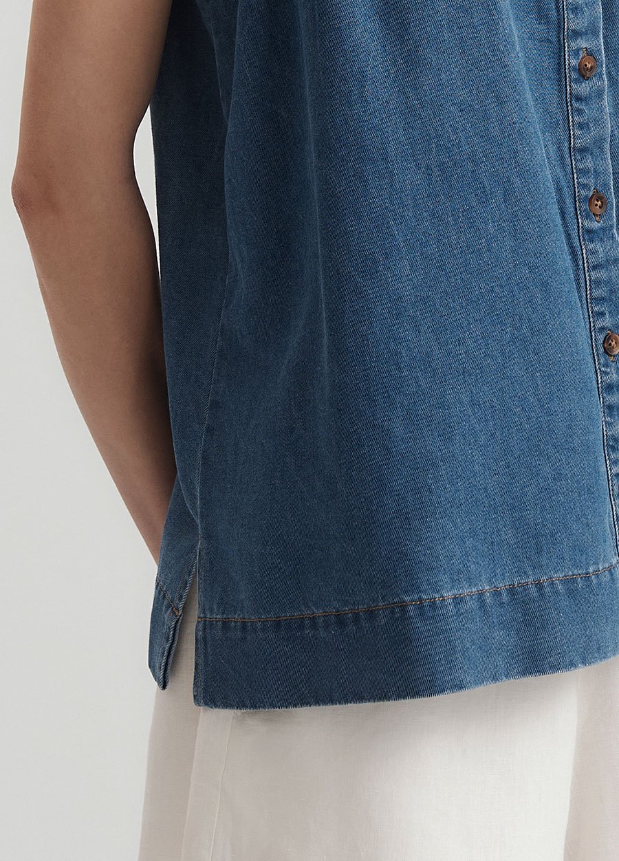 水洗牛仔無袖抽縐孕哺上衣