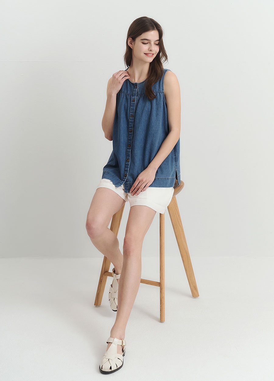 水洗牛仔無袖抽縐孕哺上衣