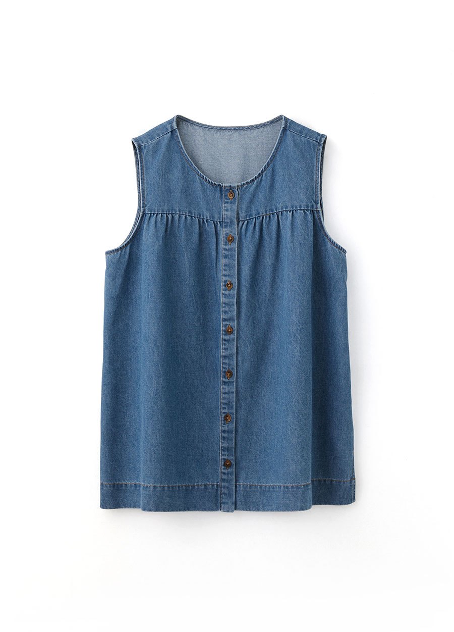 水洗牛仔無袖抽縐孕哺上衣