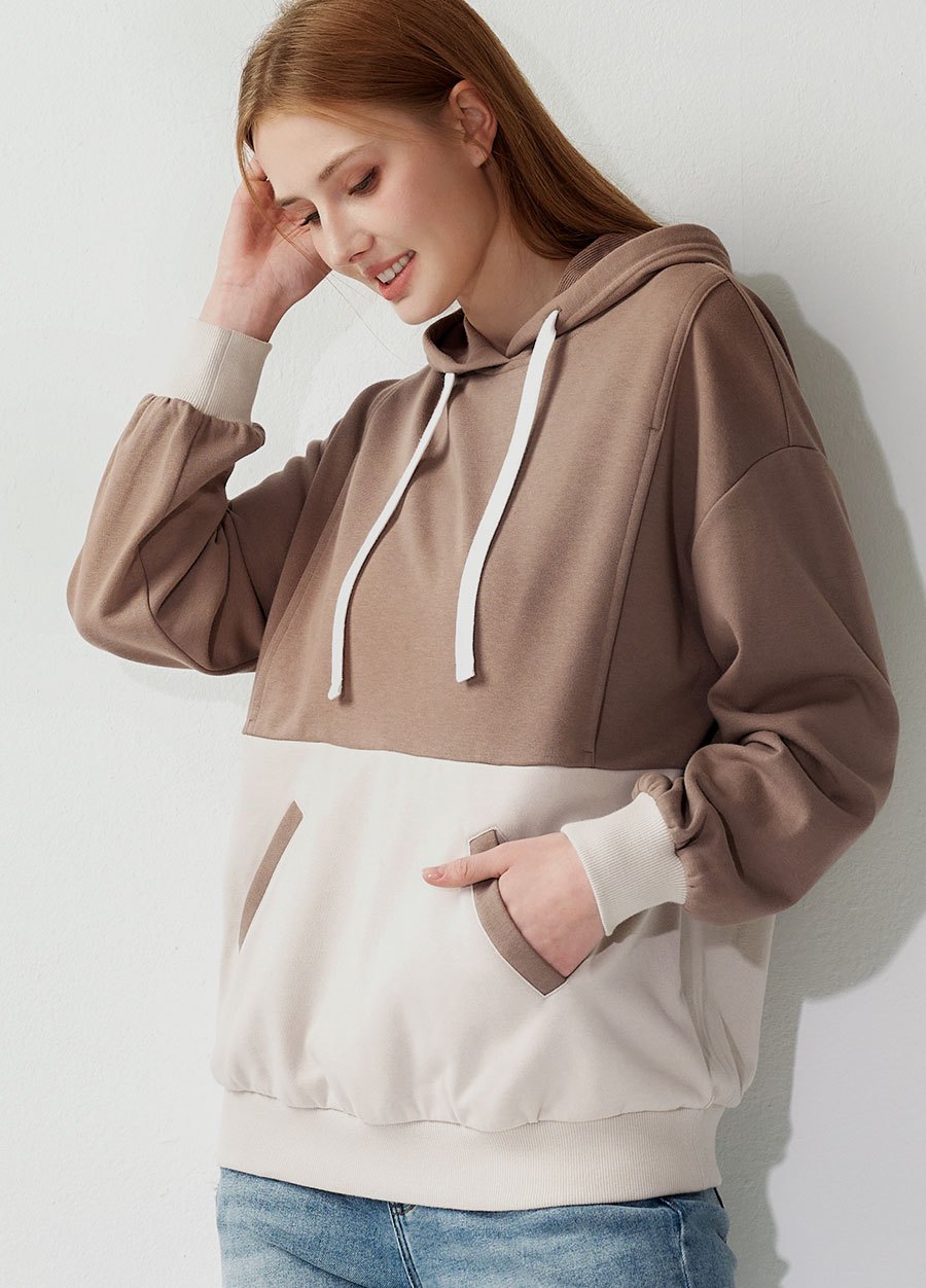 撞色拼接連帽孕哺上衣