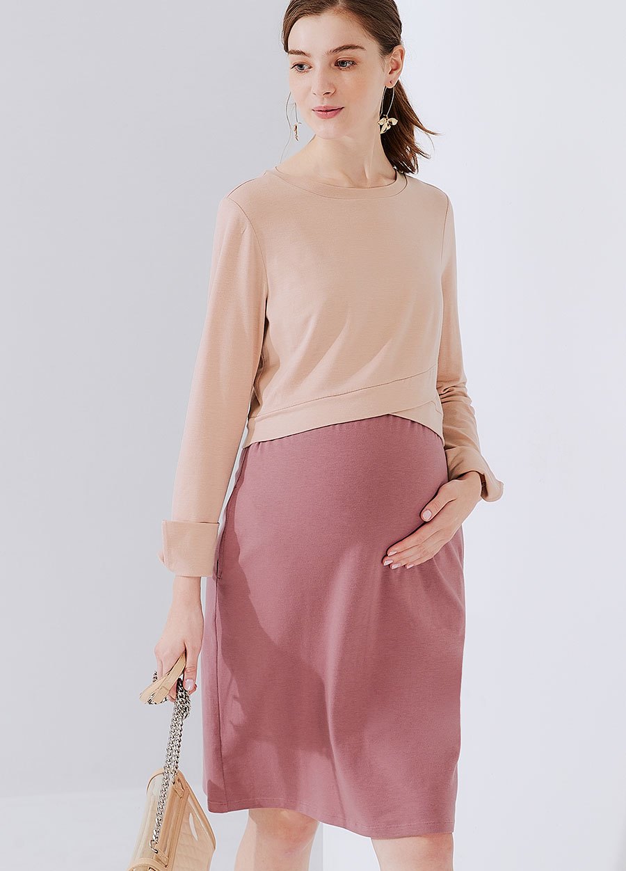 拼接假兩件孕哺洋裝