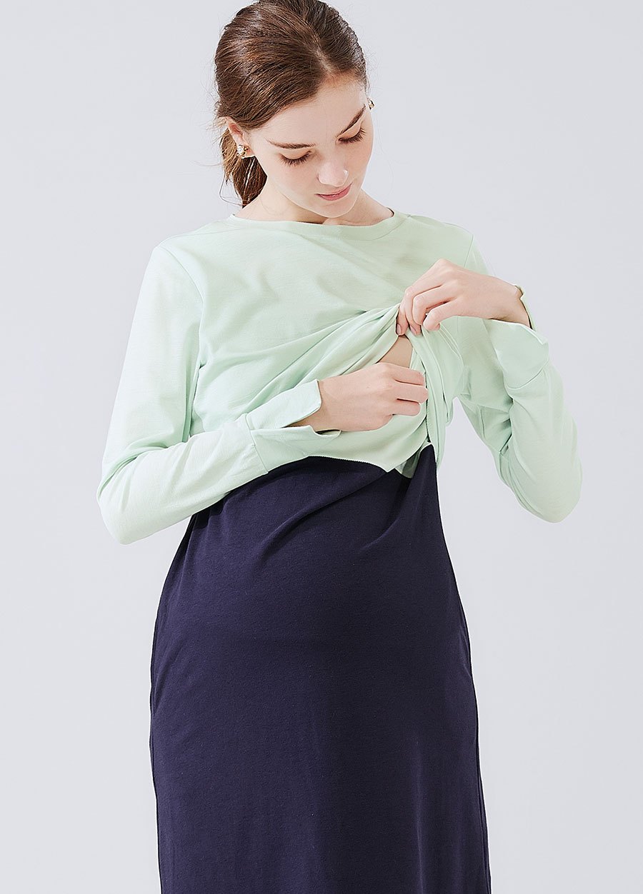 拼接假兩件孕哺洋裝