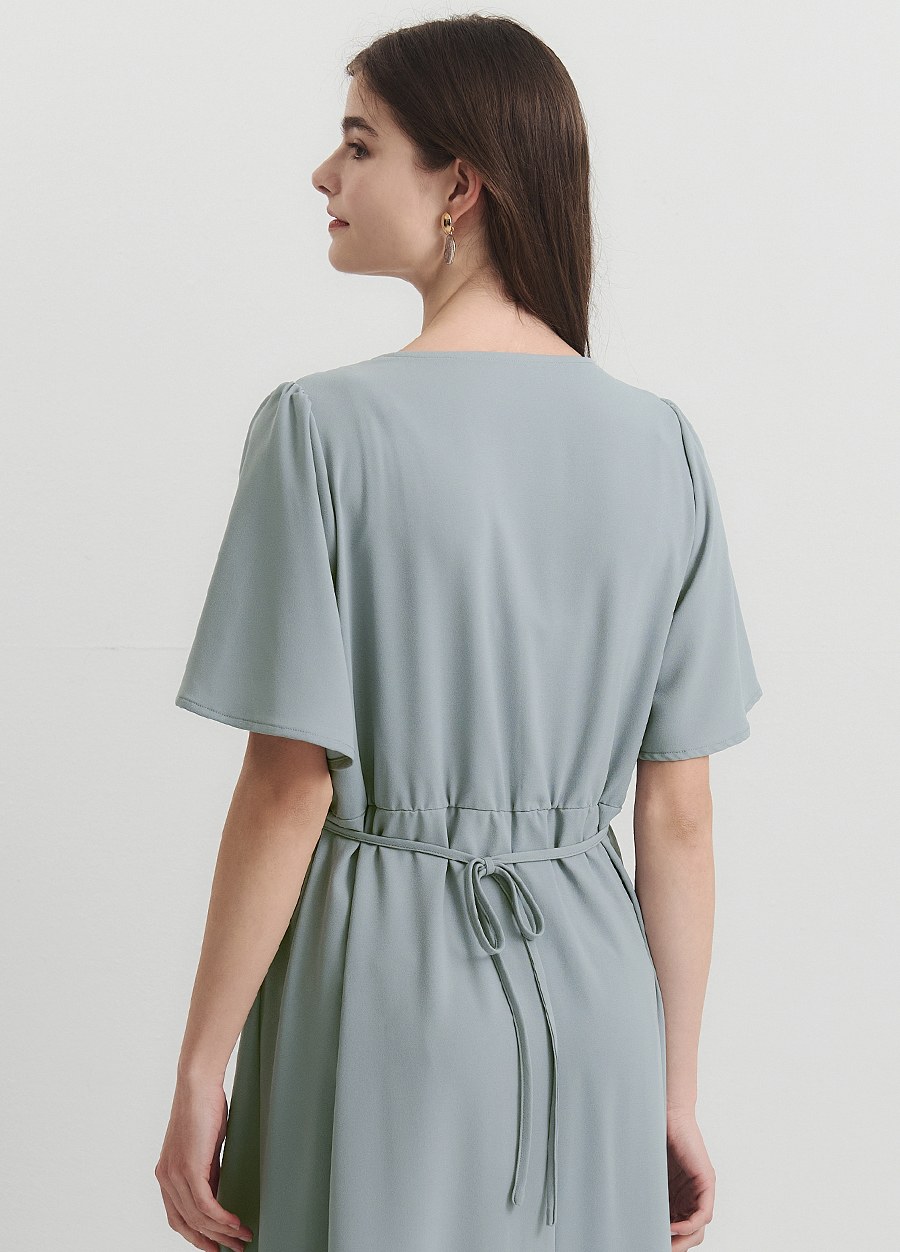 優雅V領荷葉袖孕哺洋裝