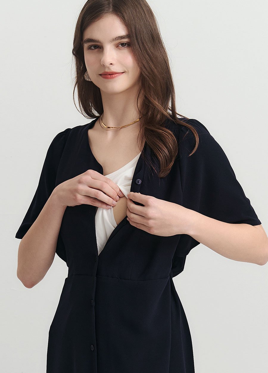 優雅V領荷葉袖孕哺洋裝