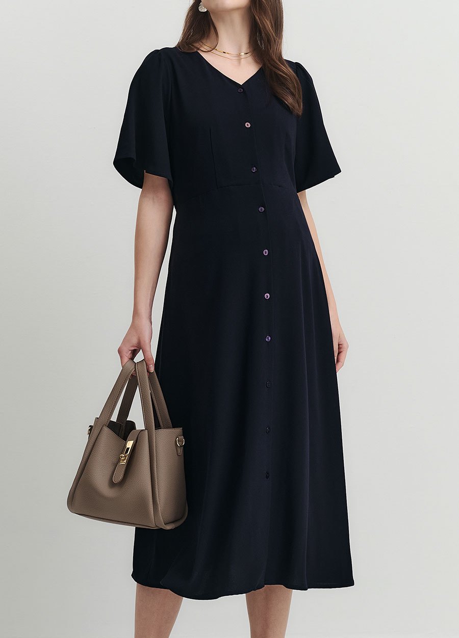 優雅V領荷葉袖孕哺洋裝