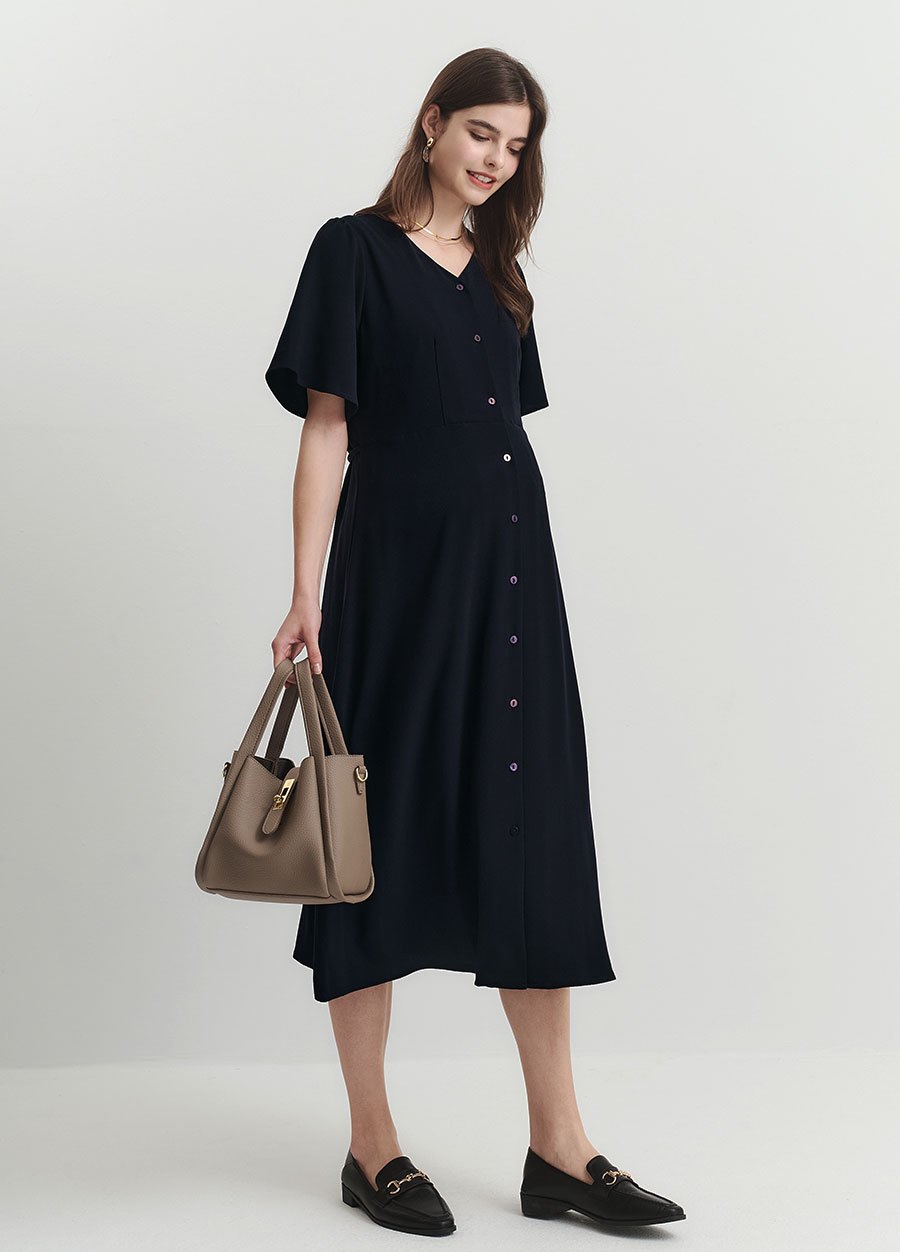 優雅V領荷葉袖孕哺洋裝