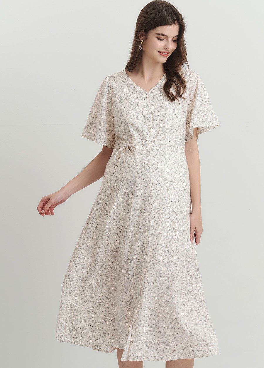 優雅V領荷葉袖孕哺洋裝