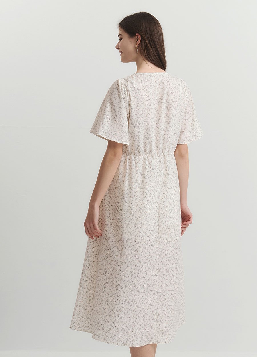 優雅V領荷葉袖孕哺洋裝