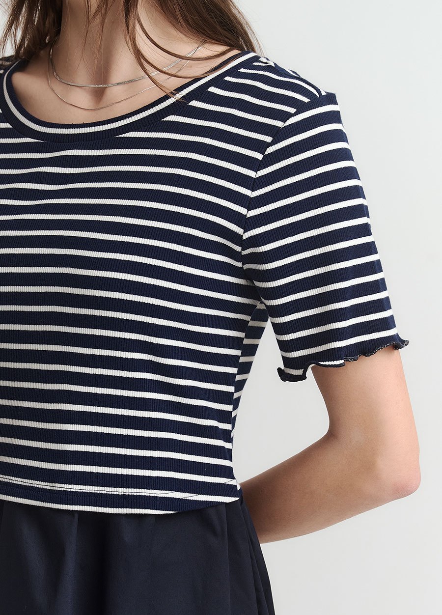 橫紋拼接假兩件孕哺洋裝