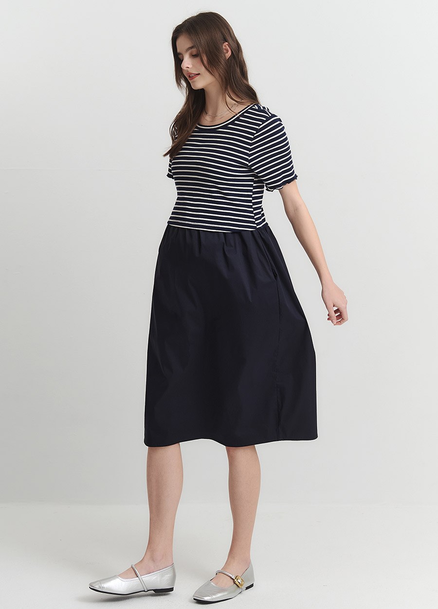 橫紋拼接假兩件孕哺洋裝