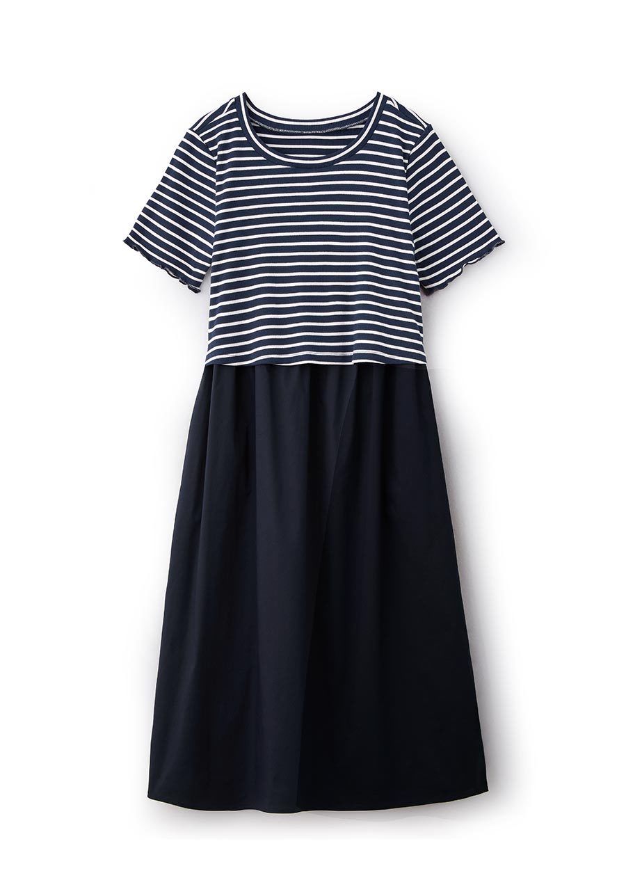 橫紋拼接假兩件孕哺洋裝