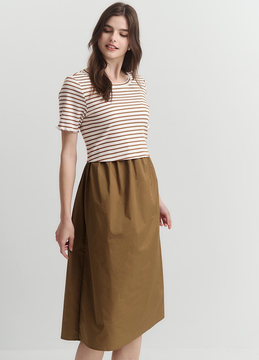 橫紋拼接假兩件孕哺洋裝