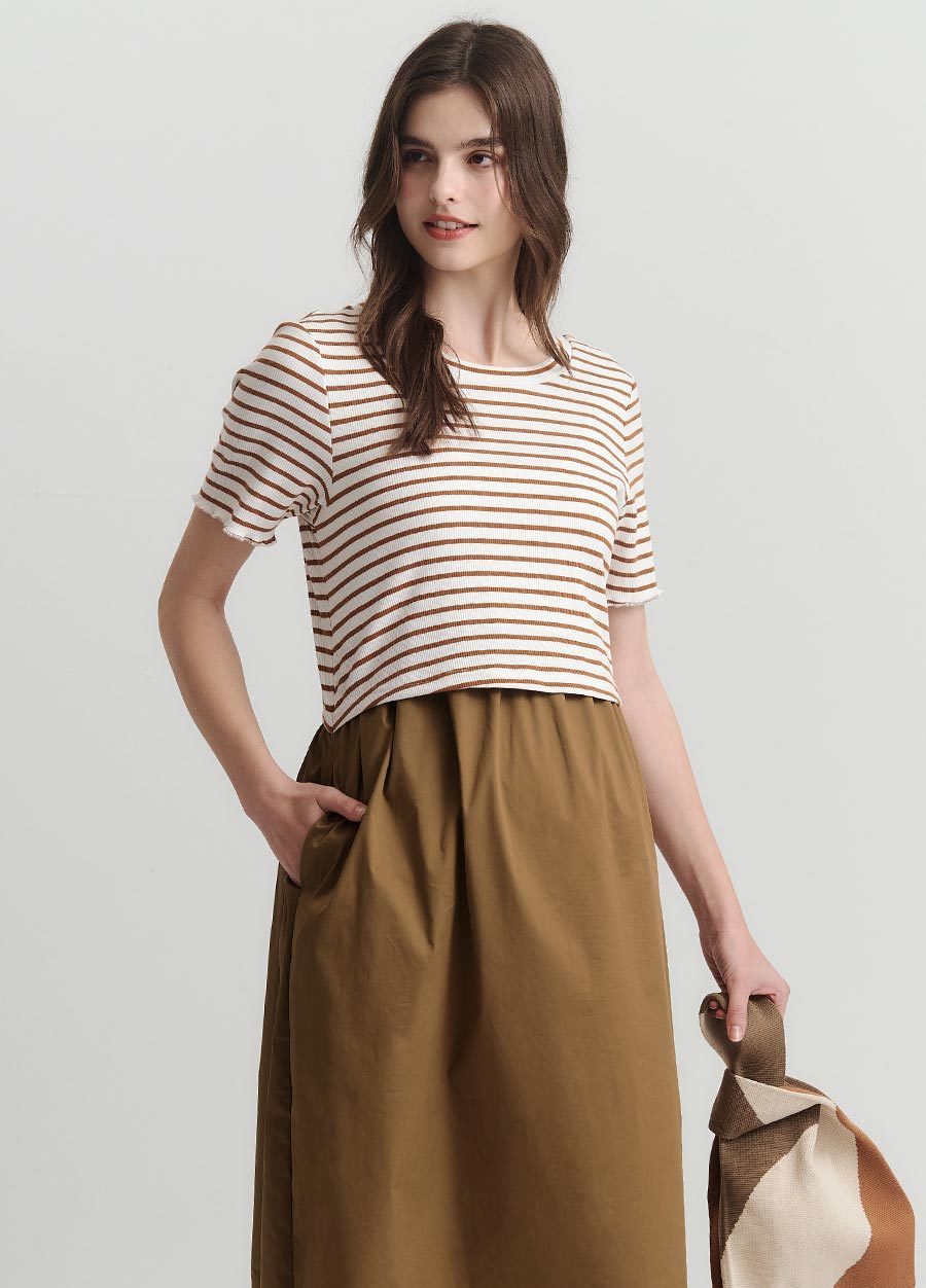 橫紋拼接假兩件孕哺洋裝