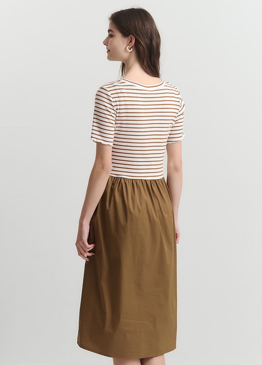 橫紋拼接假兩件孕哺洋裝