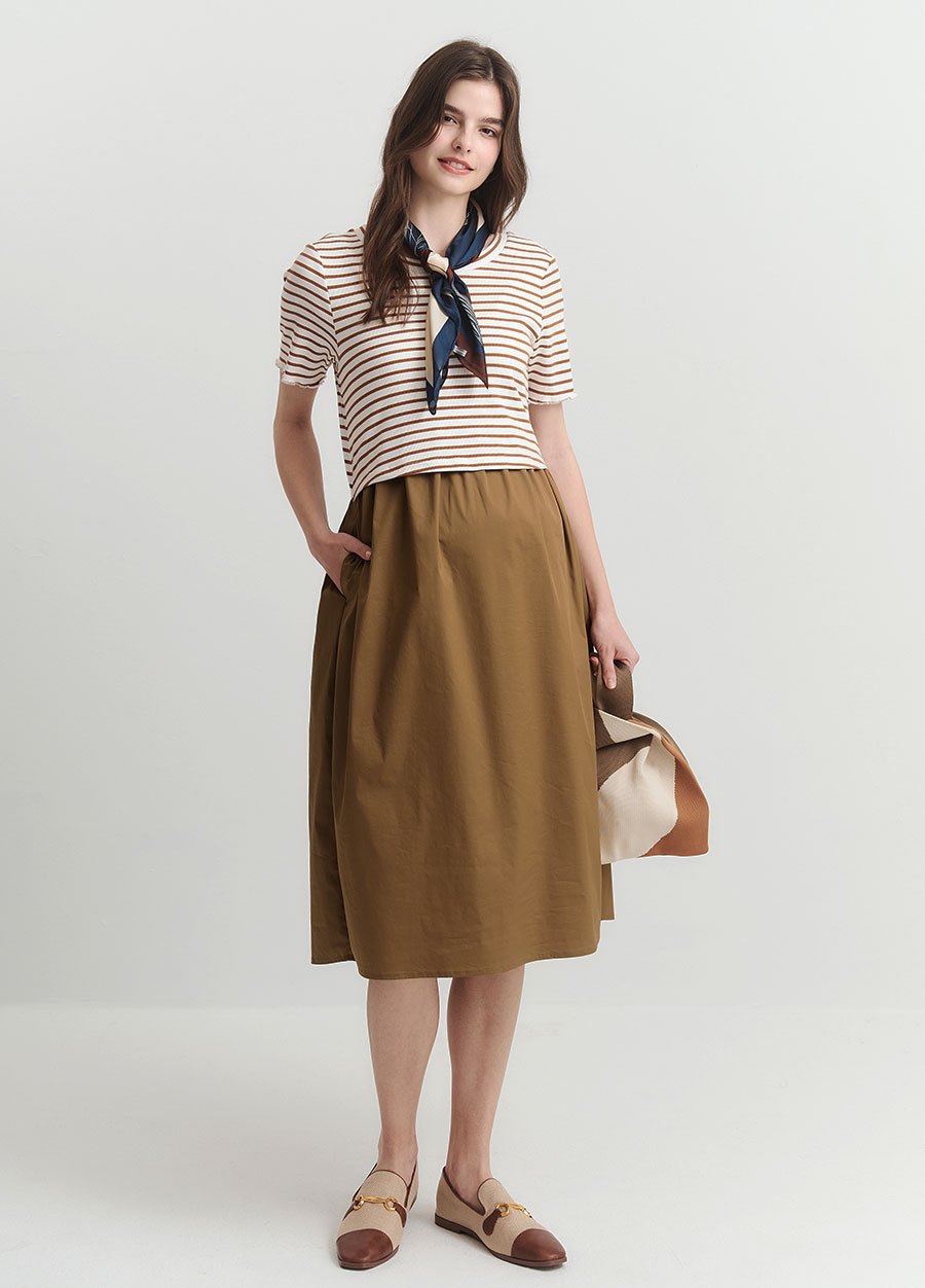 橫紋拼接假兩件孕哺洋裝