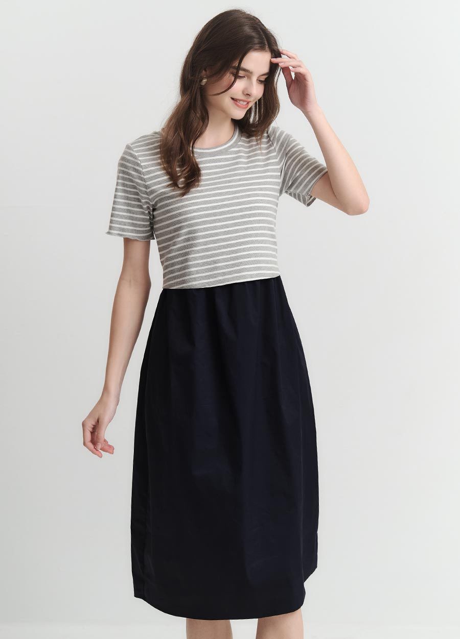 橫紋拼接假兩件孕哺洋裝