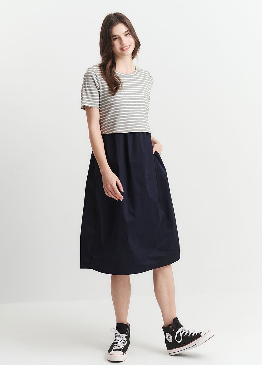 橫紋拼接假兩件孕哺洋裝