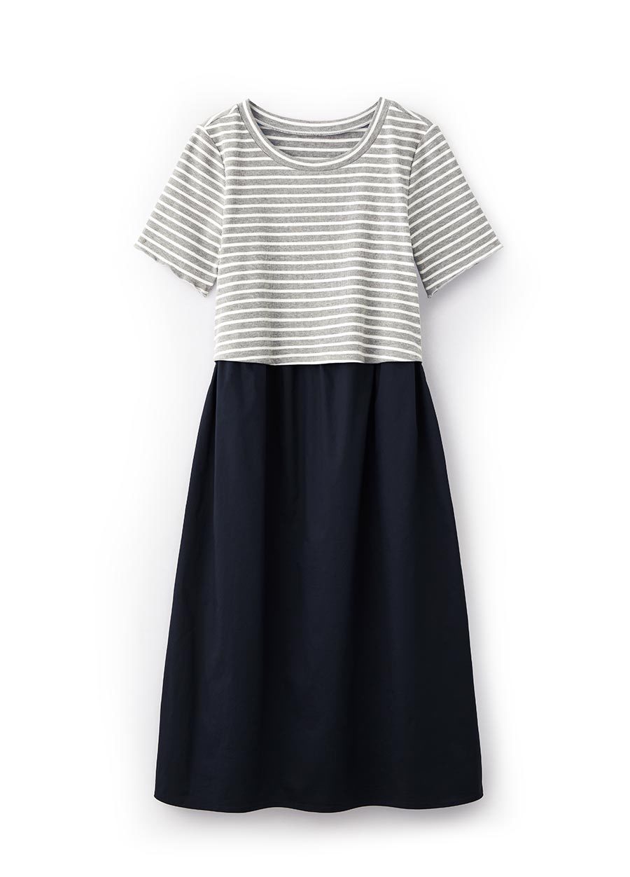 橫紋拼接假兩件孕哺洋裝