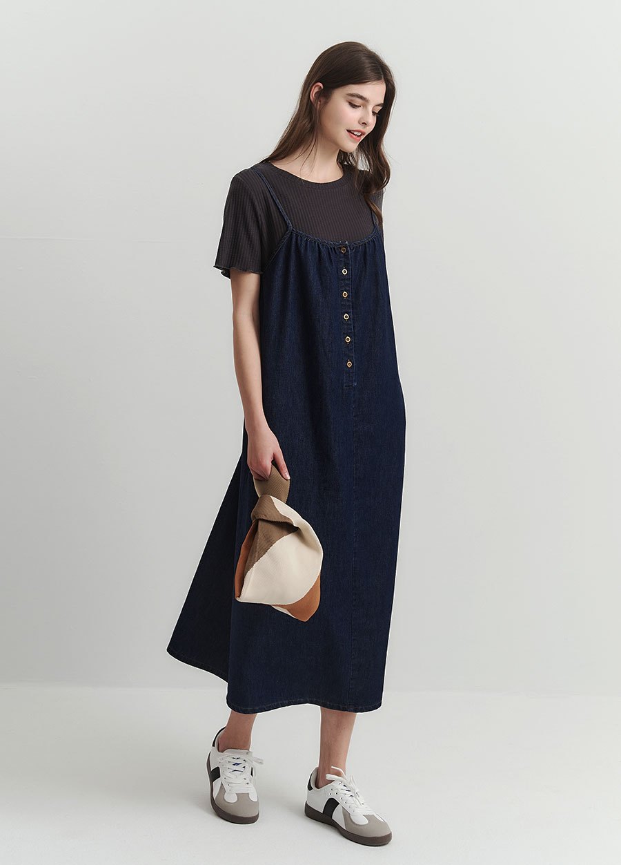 假兩件式牛仔細肩帶孕哺洋裝