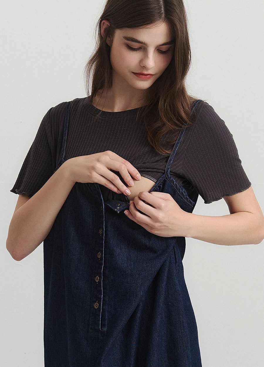 假兩件式牛仔細肩帶孕哺洋裝