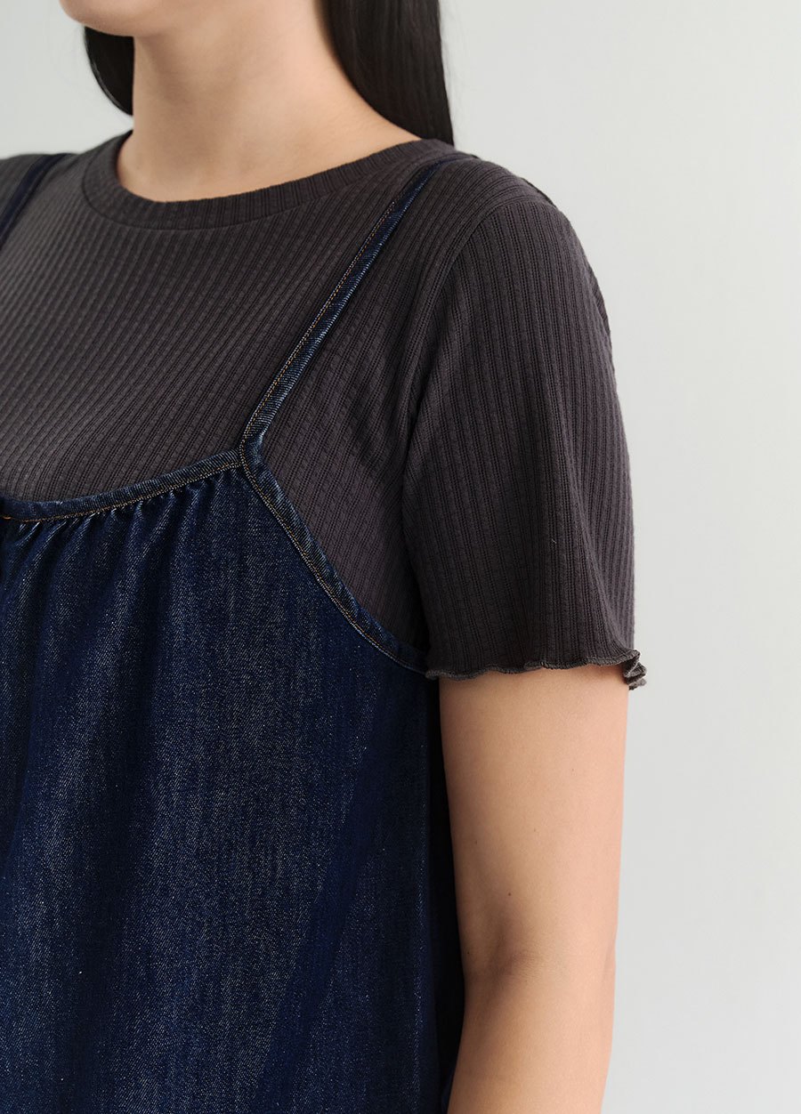 假兩件式牛仔細肩帶孕哺洋裝