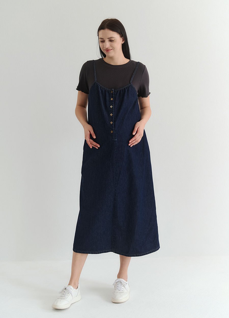 假兩件式牛仔細肩帶孕哺洋裝